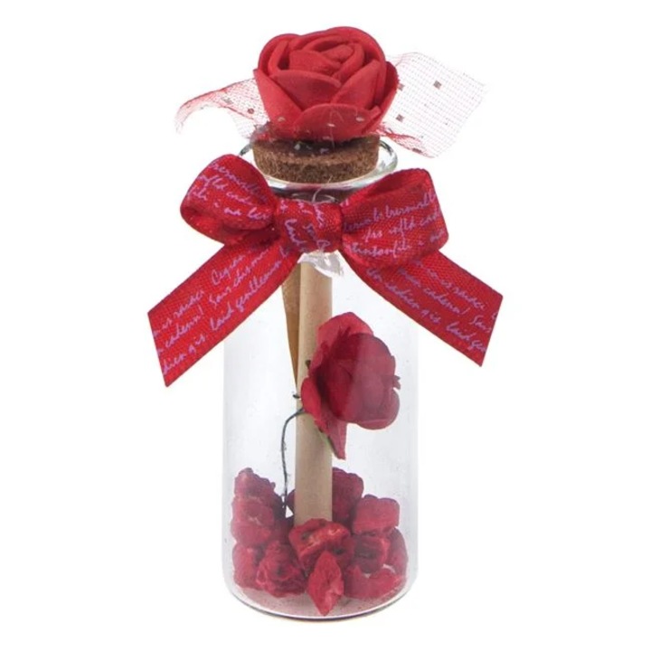 Изкуствена роза в стъклена бутилка, Ароматна, С картичка за послание, 3x8,3 см