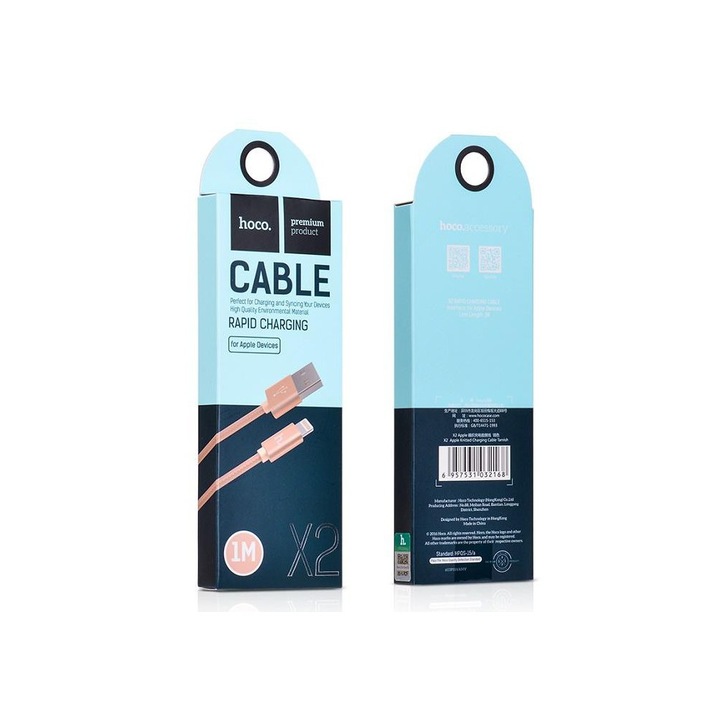 Hoco adatkábel, kötött, x2 usb, 2.0 to lightning, 2 méter, arany