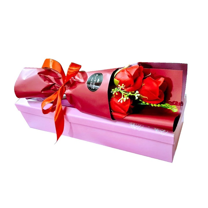 Букет от 3 сапунени рози, опаковани в подаръчна кутия с послание, червен цвят