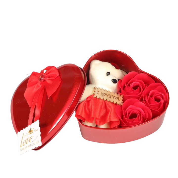 Cutie in forma de inima, cu ursulet si trandafir, rosu, Valentine's Day, 12 cm