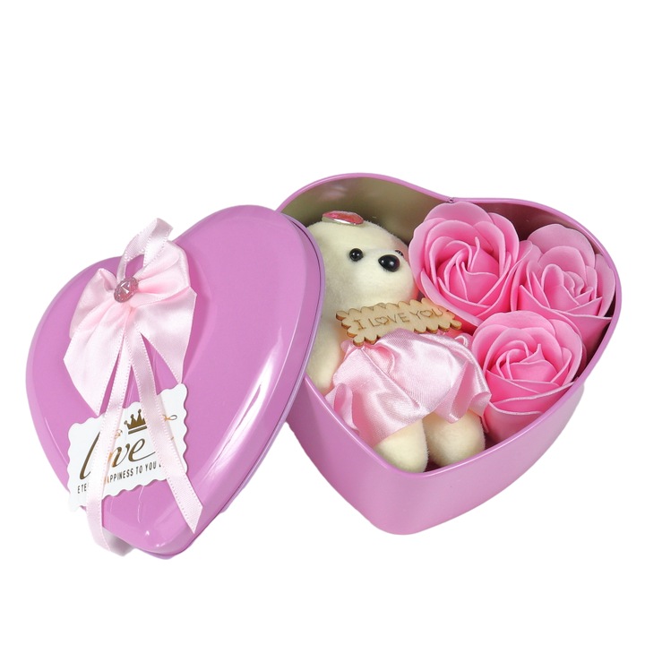 Cutie cadou cu ursulet si trandafir, roz, Valentine's Day, 12 cm