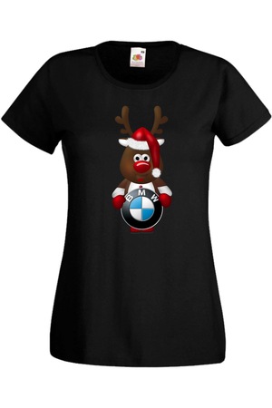 Дамска Фен Тениска Кола Автомобил Лого Logo Подарък BMW Christmas Reindeer, Черен
