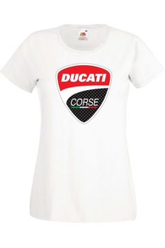 TraLaLa - Дамска Фен Тениска Кола Автомобил Лого Logo Подарък Ducati Corse, Бял