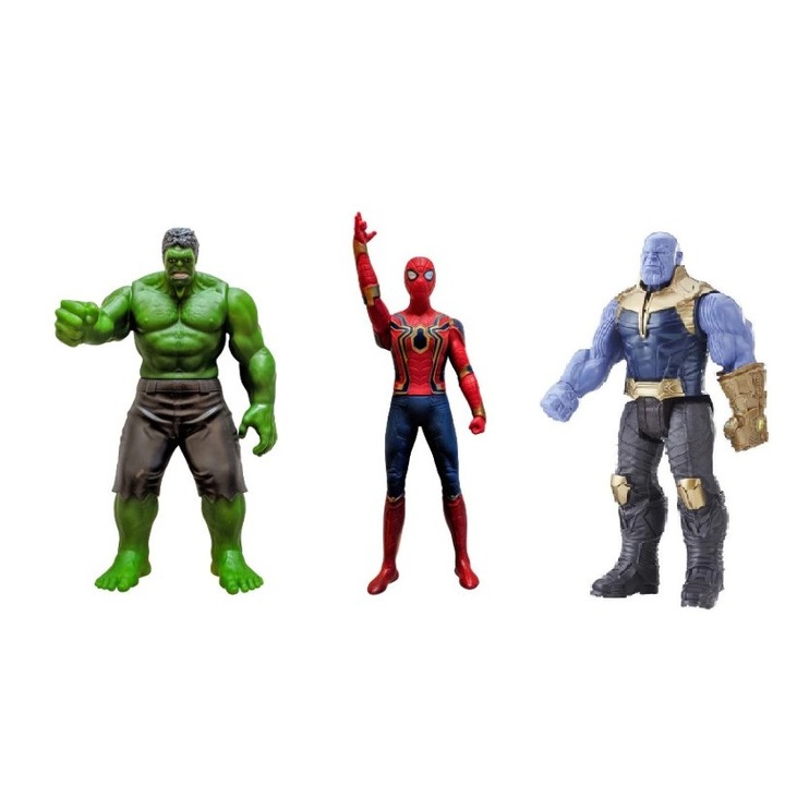 3 figurás készlet Bosszúállók EndGame, pókember, Hulk, thanos, 19 cm, többszínű