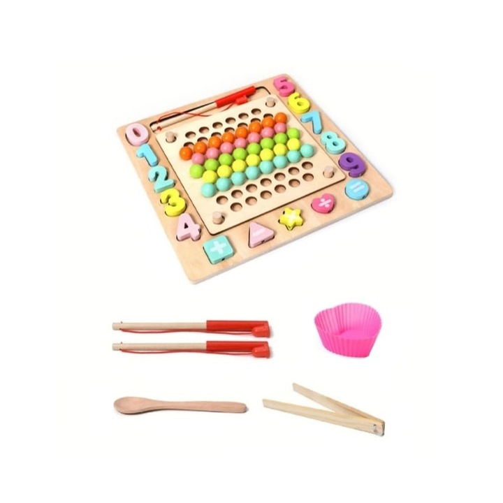 Joc educativ Bead Holder cu activitati si joc de pescuit , lemn , multicolor