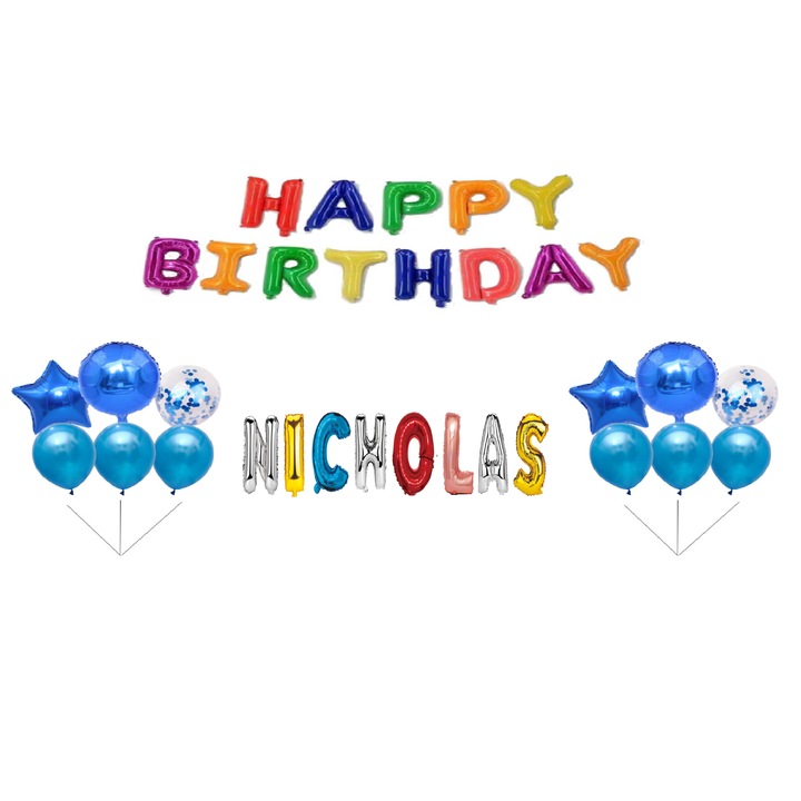 Boldog születésnapot Nicholas lufi készlet, tortafeltét, többszínű M2, 35 db