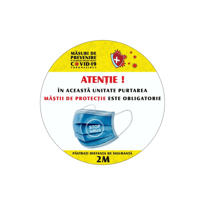 Indicator Autocolant Informare Covid 19, format Cerc, 21 x 21 cm