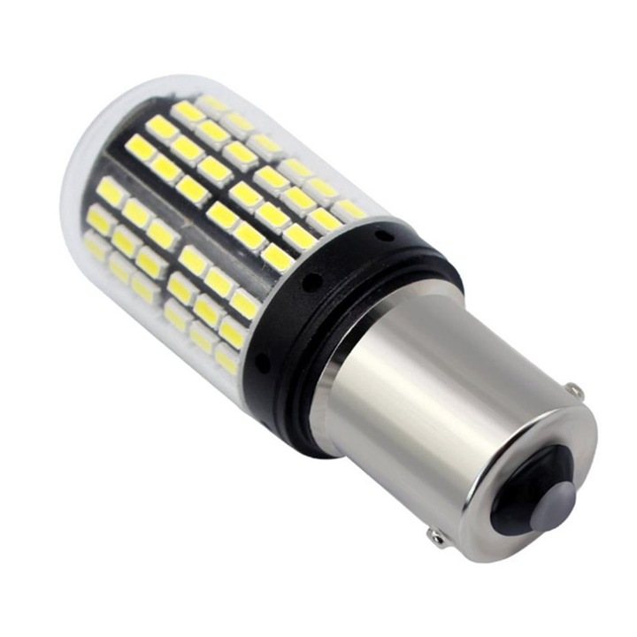 Bec LED Canbus 1156/BA15S P21W 3014, 144 LED-uri Marsarier, Semnalizare, Frana, alb