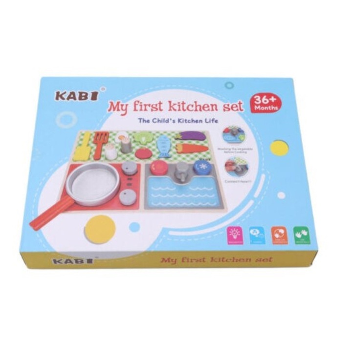 Set bucatarie din lemn, KABI KITCHEN, 15 piese, multiple accesorii, multicolor, 36m+