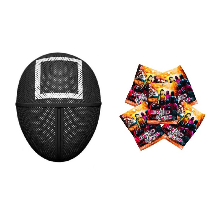 Маска Squid Game, черна квадратна форма плюс комплект от 5 плика Squid Game, с фигура изненада, многоцветен