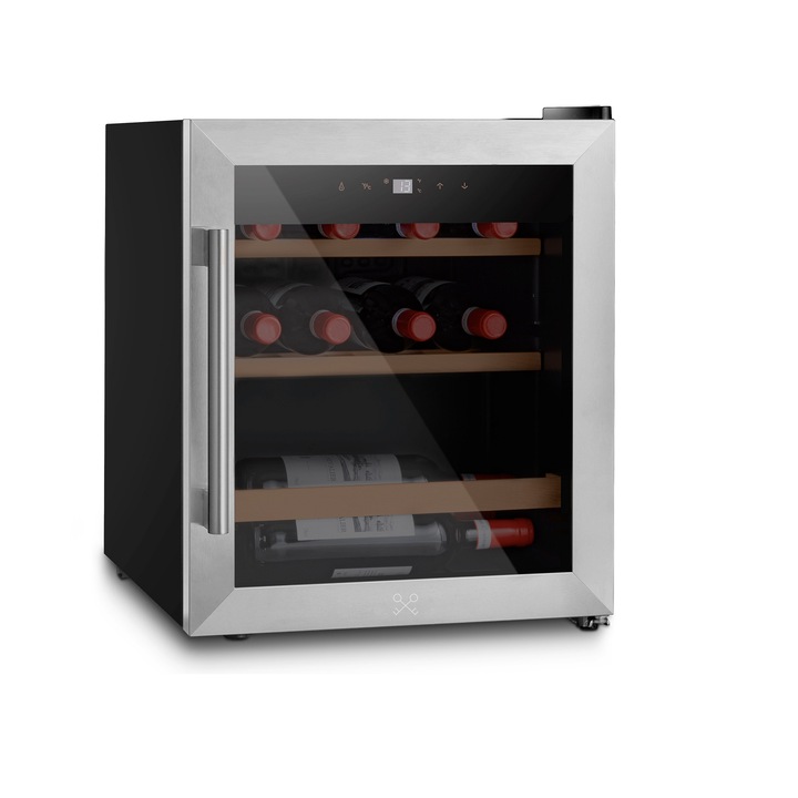 Racitor de vin Cavist, 15 sticle, H 51.3 cm, temperatura ajustabila 4C-18C, sistem de racire cu compresor, silentios, touch control, sistem anti-vibratii, iluminare LED comutabila, negru/inox