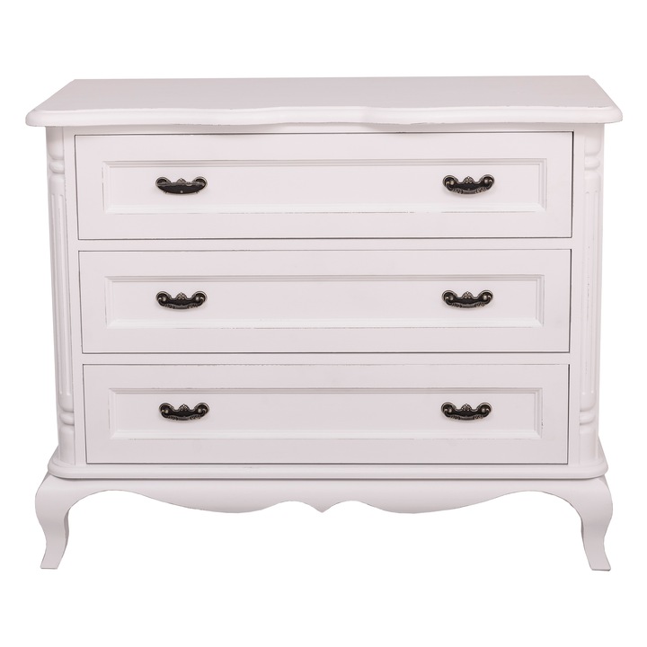 Comoda cu 3 sertare chic sertare pe sine soft close, culoare alb antichizat, 2 straturi de culori antichizate, 100% lemn masiv, 110x89x48 cm