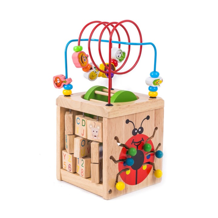 Cub educativ din lemn de tip Montessori cu 4 laturi de activitati, multicolor, 3ani