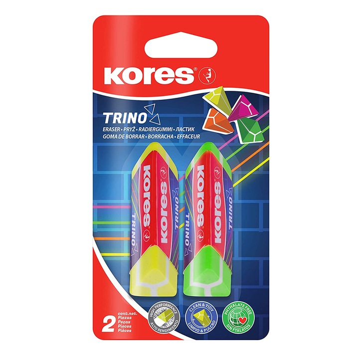 Radiera Kores Trino, design triunghiular, 2 bucati asortate/blister