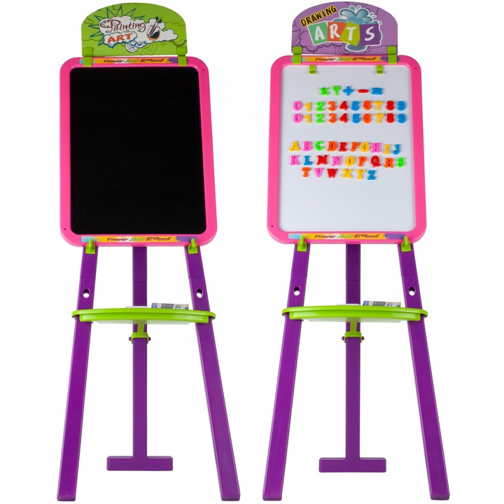 Образователна играчка, магнитна дъска 3в1, 2 страни, включва комплект цветни тебешири, магнитни букви, маркери, гъба, табла за принадлежности, 99 см височина, Indiggo®, 3 години +, многоцветен