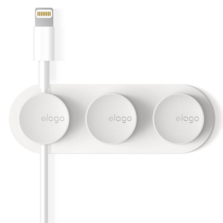 Organizator cabluri magnetice Elago, 3 cleme, suport inclus, alb