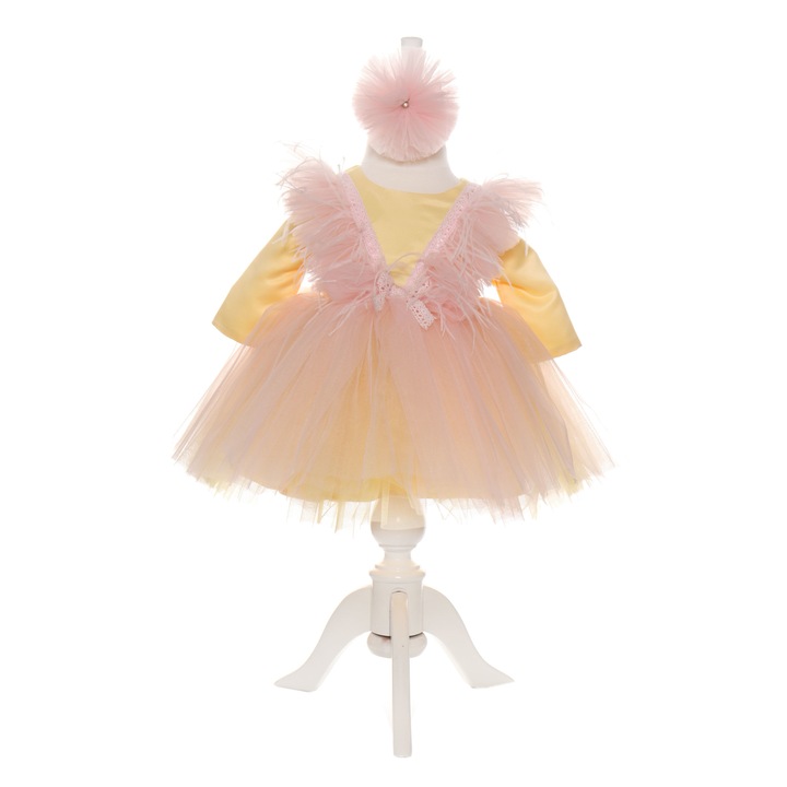 Rochie roz-galben cu pene pentru botez, 2 piese, rochie si bentita, REC1692, 3-6 luni