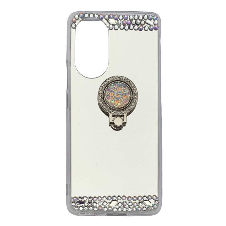 Husa silicon model Oglinda cu Inel si Pietricele, compatibila cu Huawei P50 Pro / Argintiu