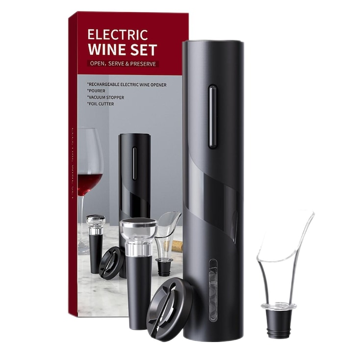 Set 4 accesorii pentru vin, Electric, Negru