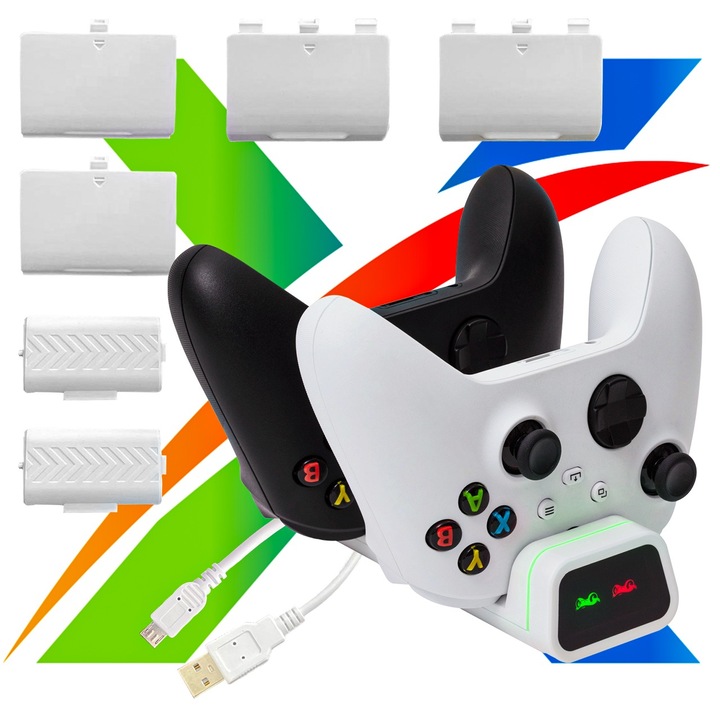 Statie dubla pentru incarcare controller, FROGGIEX, Compatibil cu Xbox One/One S/One X/Series X/S, 800 mAh, Alb
