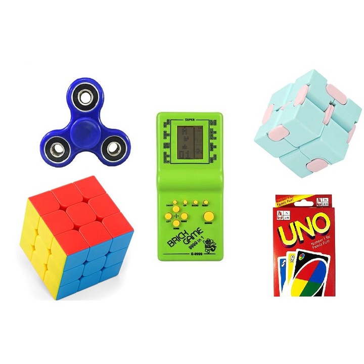 Set 5 Jucarii interactiv cub 3x3x3, brick game, spinner, uno, infinity cube