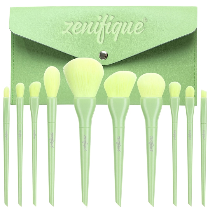Комплект четки за грим Zenifique, Oт изкуствен косъм, Различни форми, С чантичка за съхранение, Зелен, 10 броя