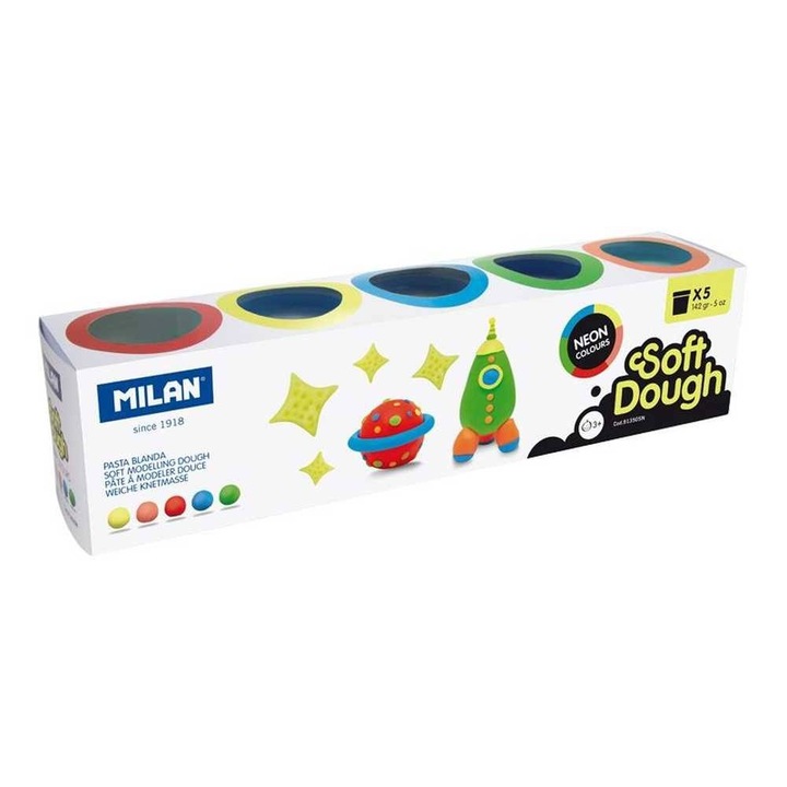 Светъл пластилин Milan Neon, 5 цвята, 720 g, 5 туби по 142 g, пластмаса