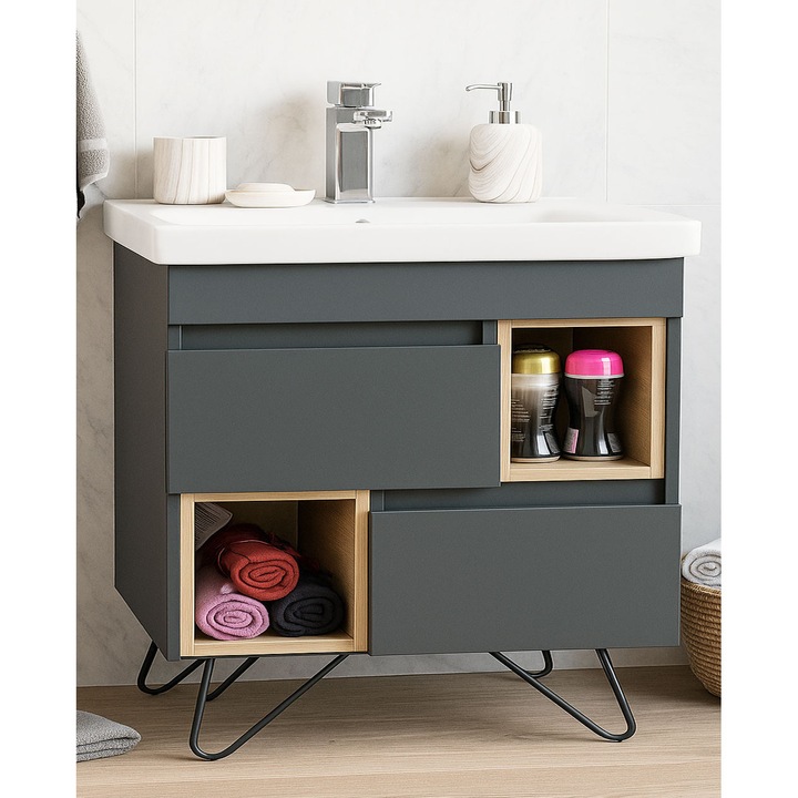 Pachet Baza si lavoar Badenmob, MDF, cadru metalic, seria 760, 81x46x85cm, Antracit