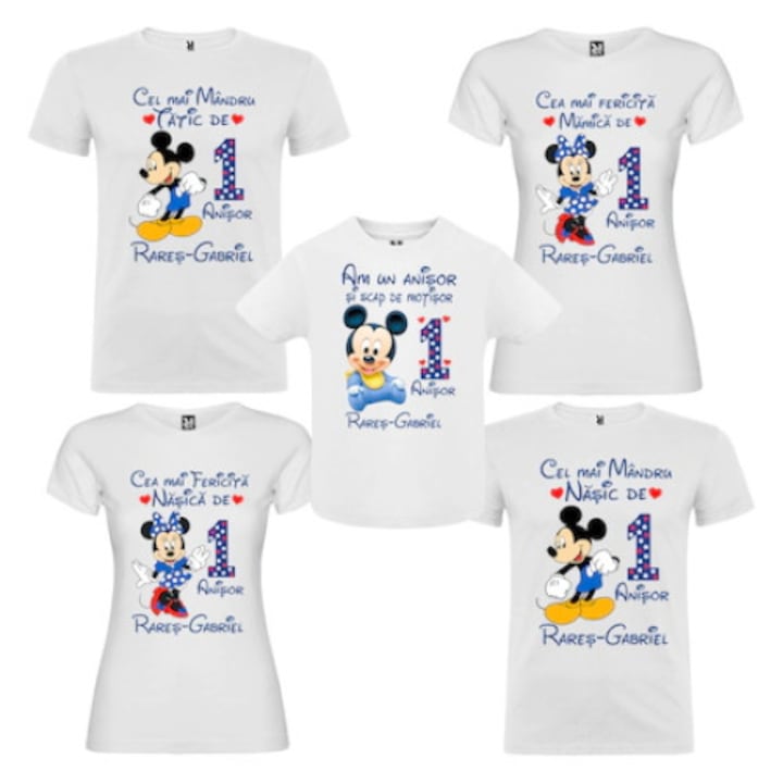 Set de 5 tricouri aniversare personalizate "Cu nume si mesaj, personaj Mickey" marimea S