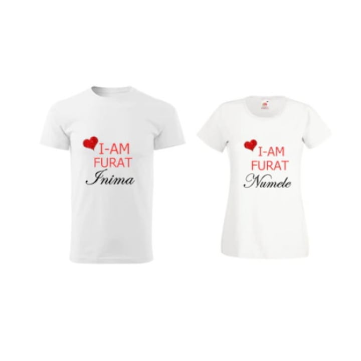 Set 2 tricouri albe personalizate " I-am furat inima, I-am furat numele" Marimea M
