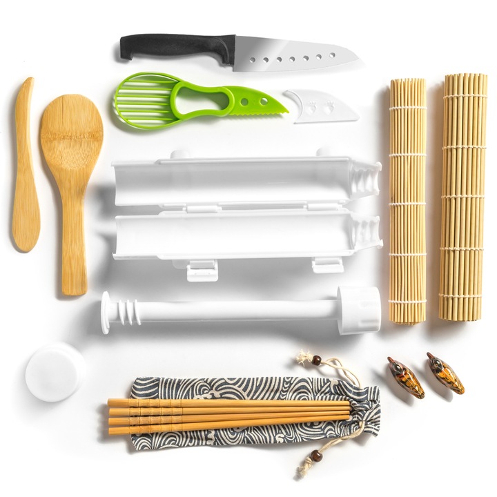 Комплект за приготвяне на суши - Базука, подложки за овалване на водорасли, нож за авокадо, нож, клечки и патета