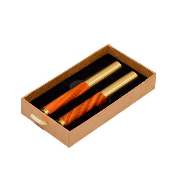 Set mini stilou si roller, din cupru si lemn, in cutie ecologica
