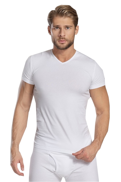 Мъжка тениска с V-образно деколте, Бял