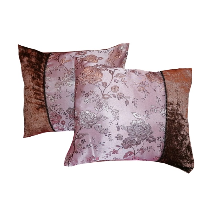 Комплект 2 декоративни възглавници Casa Bucuriei, модел Floral, кафяво/прашно розово, 45/38 см