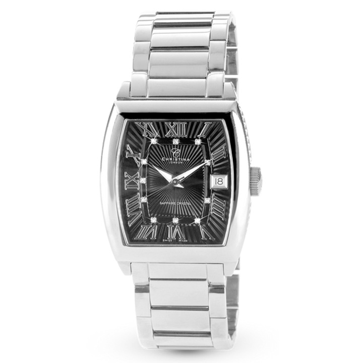 Мъжки часовник Christina Diamonds, произведен в Швейцария, метална гривна, черен циферблат с 10 диаманта, дата, сапфирено стъкло, 5ATM, сребро