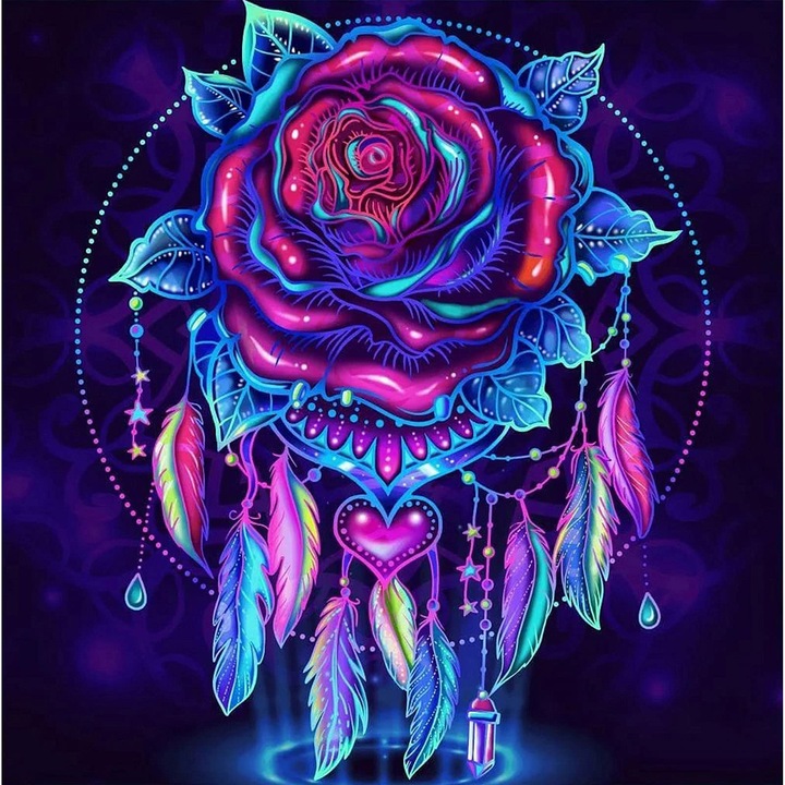 Kit pictura cu diamante 5D, Model dreamcatcher cu trandafiri, 35x35 cm, Multicolor