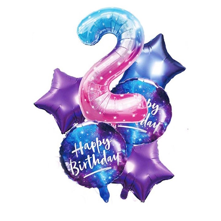 Buchet 6 baloane folie, cifra 2, multicolor