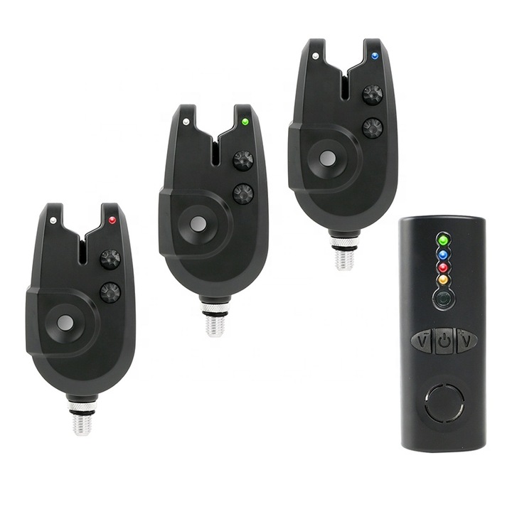 Set 3 senzori de pescuit PYRAMID®, statie inclusa, semnalizare in 4 culori, borseta, distanta acoperire peste 120m, FA02-3