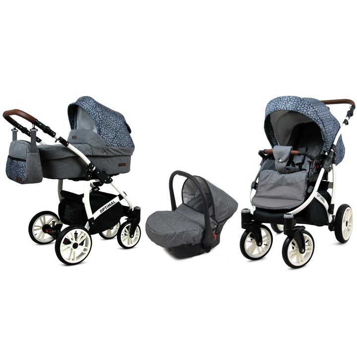 Бебешка количка BabyLUX OPTIMAL WHITE, 3в1, Сив