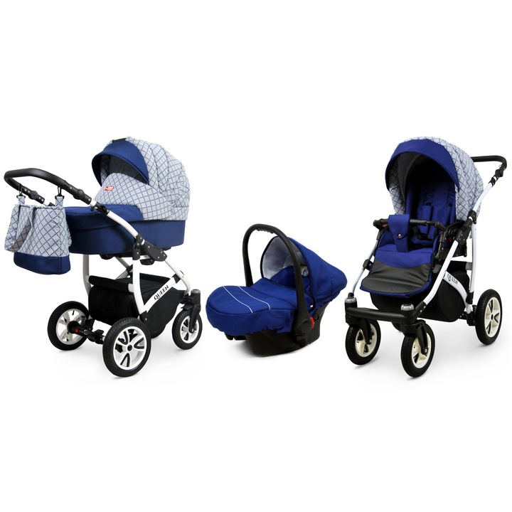 Бебешка количка 3в1 BabyLUX QUEEN, Столче за кола, Бял / Тъмносин