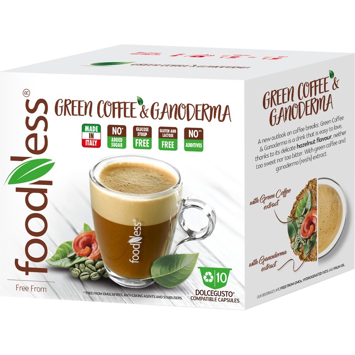 Capsule Foodness mix cu aroma de cafea verde si ganoderma, compatibile Dolce Gusto, 10 capsule, 120g