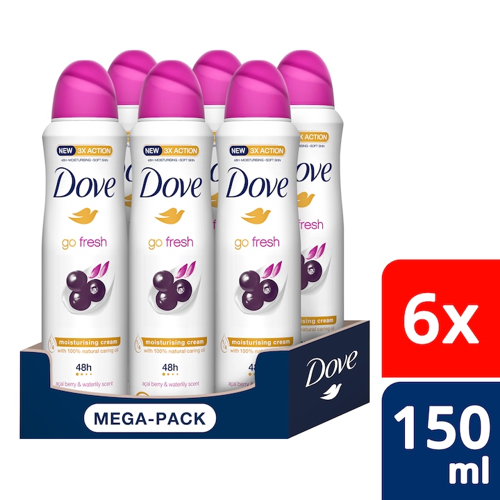 DOVE Go Fresh női izzadásgátló dezodor Acai bogyó & Vízililiom, 6x150 ml