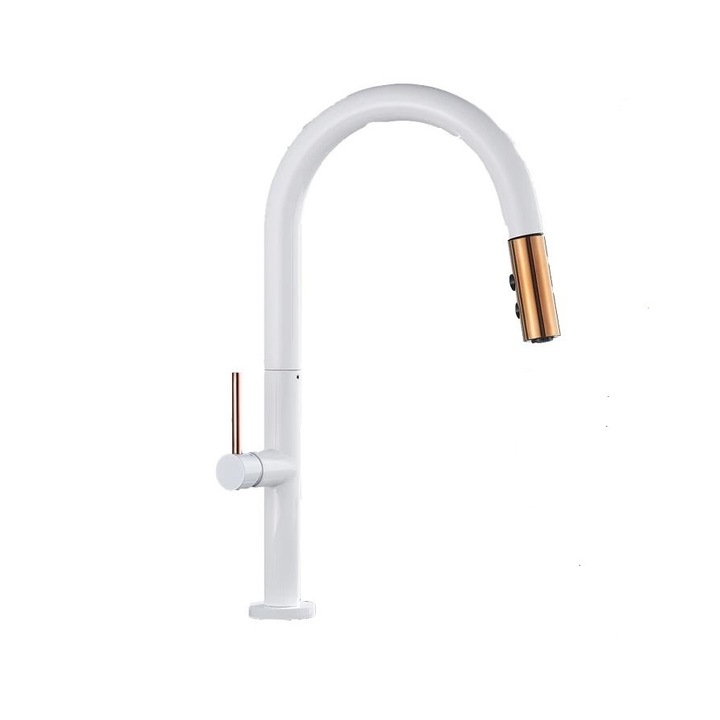 Кухненски смесител, професионален, с изтеглящ се душ и гъвкав кран, 2 функции за воден поток, AquaSpa бял