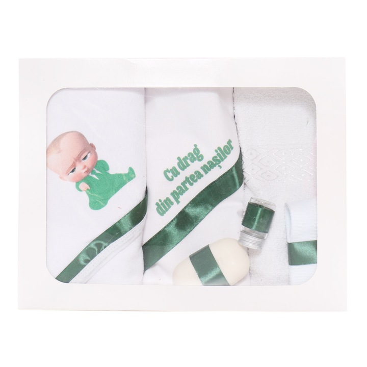 Trusou botez cu Bebe Sef, alb-verde, mesaj „Cu drag din partea nasilor” imprimat, 6 piese, Recostore, REC1719