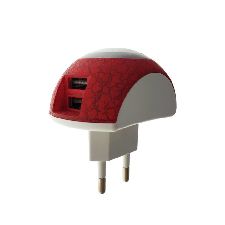 Lampa de veghe cu incarcare 2 x USB 2.1A si intrerupator lumina, 6x7x4.5cm, plastic, Alb-Rosu, TCL-BBL3879