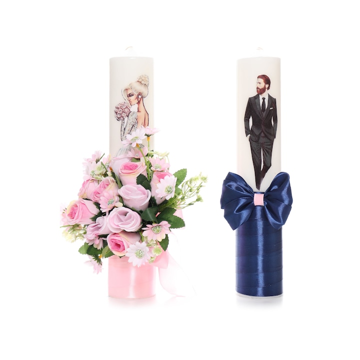 Set lumanari pentru nunta, flori artificiale, roz-bleumarin, 2 bucati, Recostore, REC1709