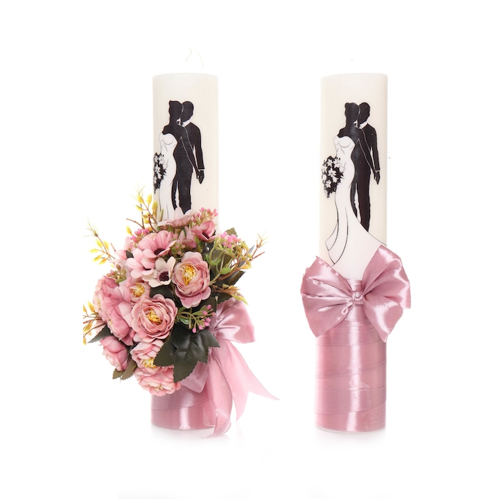 Set lumanari pentru nunta, flori artificiale, roz pudrat, 2 bucati, 40x7cm, Recostore, REC1713