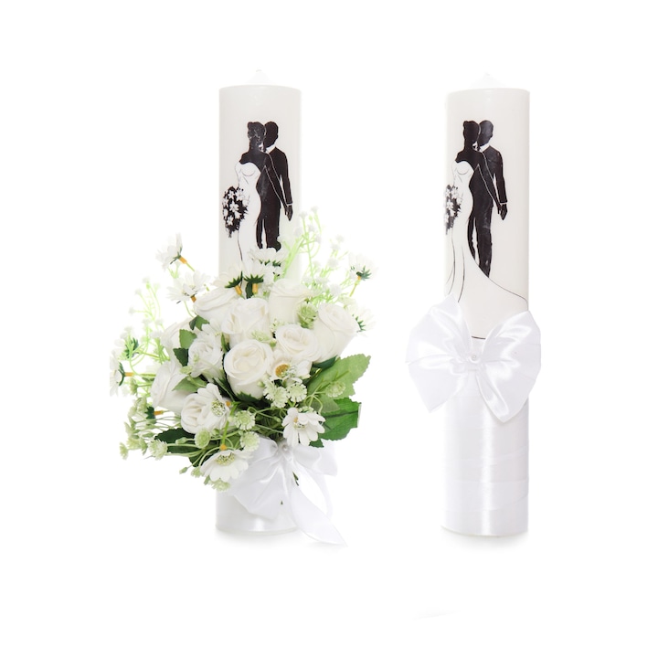 Set lumanari pentru nunta, flori artificiale, alb, 2 bucati, 40x7cm, Recostore, REC1714