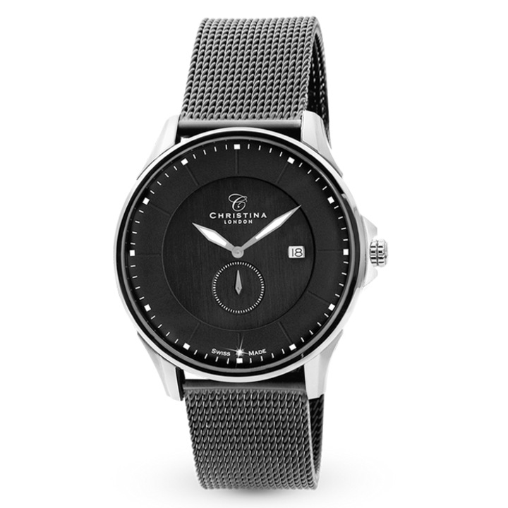 Мъжки часовник Christina Diamonds, Swiss Madec, мрежеста гривна, черен циферблат с 1 диамант, дата, сапфирено стъкло, 10ATM, сребро