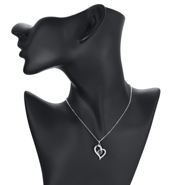 EFAYN.RO női nyaklánc, vetítés "Szeretlek" 100 nyelven, szív medál, süllyesztett kristályok, ezüstszínű